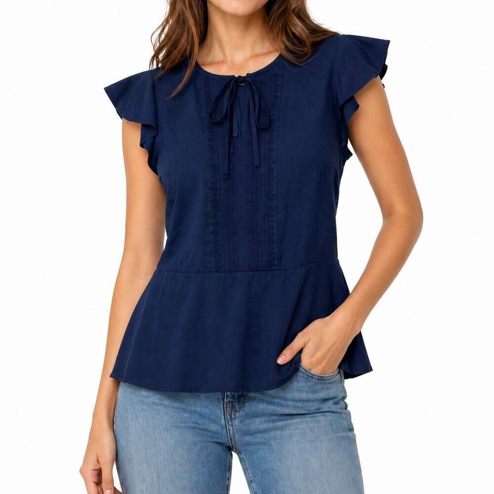 Ann Taylor Navy Blue Flutter Sleeve Split Neck Blouse